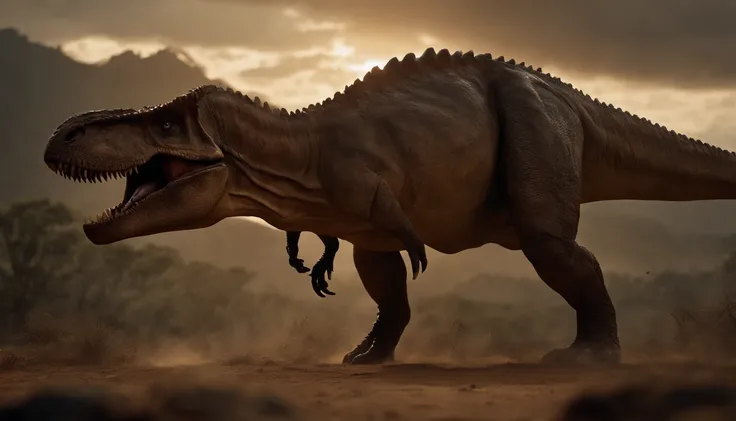 una feroz batalla entre un T-Rex y un triceratops, (La mejor calidad, 4k, Altas Resoluciones, Ultra detallado), Lucha intensa, rugidos y trompetas, Dusty prehistoric landscape, Sombras realistas, vivid colors, (Detallado, intrincado, elaborar) Escamas y te...