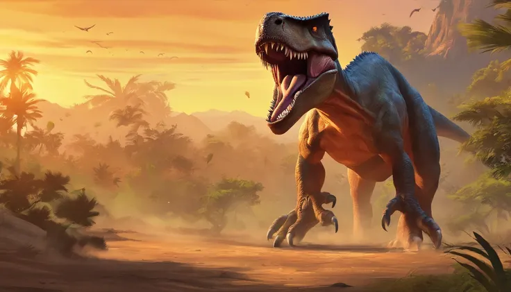 una feroz batalla entre un T-Rex y un triceratops, (La mejor calidad, 4k, Altas Resoluciones, Ultra detallado), Lucha intensa, rugidos y trompetas, Dusty prehistoric landscape, Sombras realistas, vivid colors, (Detallado, intrincado, elaborar) Escamas y te...