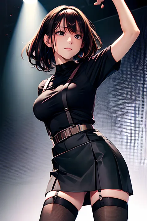 Black skirt, 　suspenders, Brown hair Gray eyes, Garter belt on the legs, Tight black clothes, 　　 a belt　Armpit sweat　　Dark look　Moderately breasts　holster　chain　　poneyTail　Water wetting