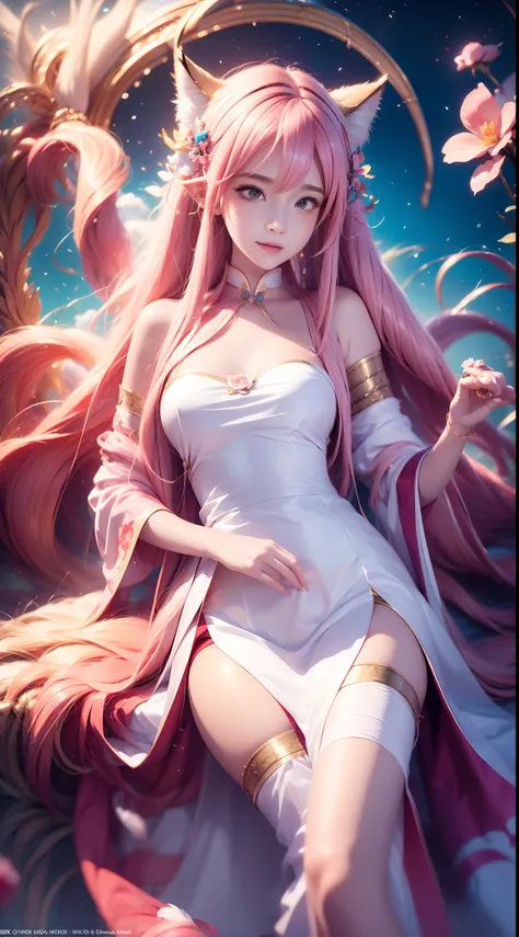 Nine snow-white fox tails (1.0), Milky white fox tail (1.0), Close-up of the nine-tailed fox, Nine Tails, Nine Tails, Anime girl with pink hair and pink dress，There are flowers on the hair, Very beautiful anime fox girl, Beautiful anime fox girl, beautiful...