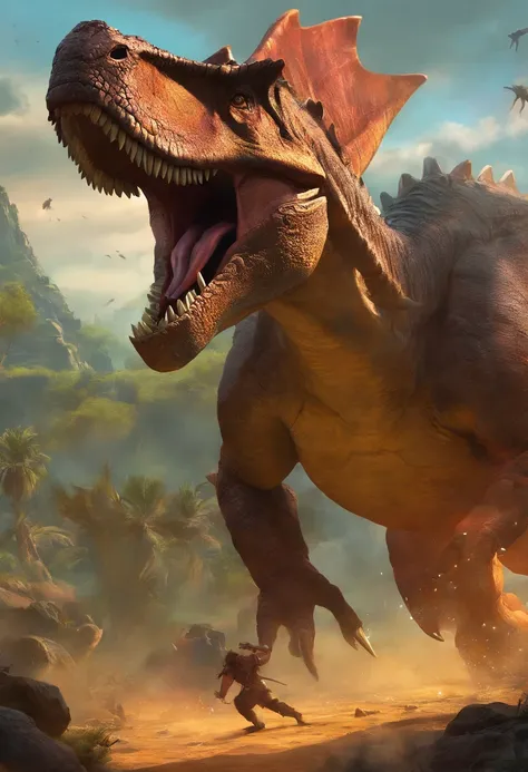 una feroz batalla entre un T-Rex y un triceratops, (La mejor calidad, 4k, Altas Resoluciones, Ultra detallado), Lucha intensa, rugidos y trompetas, Dusty prehistoric landscape, Sombras realistas, vivid colors, (Detallado, intrincado, elaborar) Escamas y te...