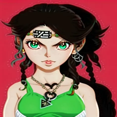 Menina dos desenhos animados com vestido verde e cabelo preto na frente de um fundo vermelho, Anime estilo Jojo, godess do mal, Aeon Estilo Flow, in a mixed style of æon flux, 1 7 - year - old anime goth girl, assemelhando-se a uma mistura de grimes, Nezuk...