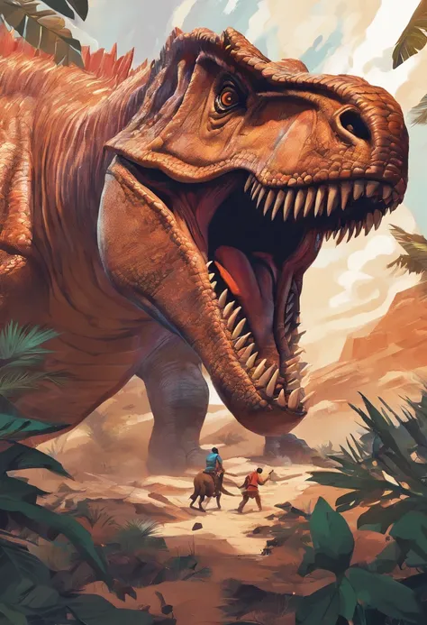 una feroz batalla entre un T-Rex y un triceratops, (La mejor calidad, 4k, Altas Resoluciones, Ultra detallado), Lucha intensa, rugidos y trompetas, Dusty prehistoric landscape, Sombras realistas, vivid colors, (Detallado, intrincado, elaborar) Escamas y te...