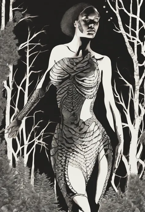 Medusa, comic panel, candid,((art style "Sean Gordon Murphy" comic drawing, splash panel)), snake skin dress, (background, pine barrens, entropy, rewilding, magic hour nautical twilight), body drawn in Frederic Delavier musculature anatomical illustration ...