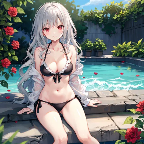 Wavy Gray Hair、red eyes、Beautiful girl alone、The bikini、gravure、sitting on、rose garden、a smile