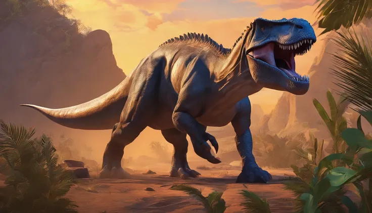 una feroz batalla entre un T-Rex y un triceratops, (La mejor calidad, 4k, Altas Resoluciones, Ultra detallado), Lucha intensa, rugidos y trompetas, Dusty prehistoric landscape, Sombras realistas, vivid colors, (Detallado, intrincado, elaborar) Escamas y te...