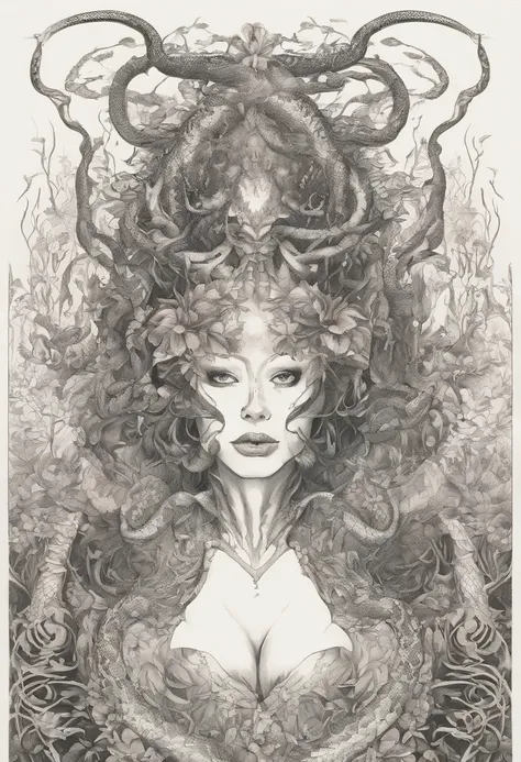 Medusa, comic panel, candid,((art style "Sean Gordon Murphy" comic drawing, splash panel)), snake skin dress, (background, pine barrens, entropy, rewilding, magic hour nautical twilight), body drawn in Frederic Delavier musculature anatomical illustration ...