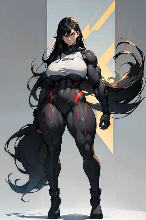 grey background, solo, 1 girl, bodysuit, very long hair, black hair, angry, yellow eyes, (((muscular))), ((huge tits)), (thick thighs)), ((wide hips)), (full body), pale skin