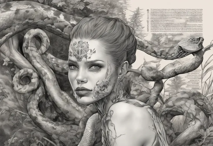 Medusa, comic panel, candid,((art style "Sean Gordon Murphy" comic drawing, splash panel)), snake skin dress, (background, pine barrens, entropy, rewilding, magic hour nautical twilight), body drawn in Frederic Delavier musculature anatomical illustration ...