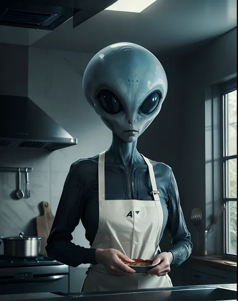 (an alien with a big head:1.4), apron and cooking in a kitchen, extraterrestrial, (best quality, 4k, highres, masterpiece:1.2), ...