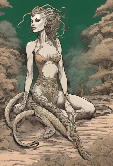 Medusa, comic panel, candid,((art style "Sean Gordon Murphy" comic drawing, splash panel)), snake skin dress, (background, pine barrens, entropy, rewilding, magic hour nautical twilight), body drawn in Frederic Delavier musculature anatomical illustration ...