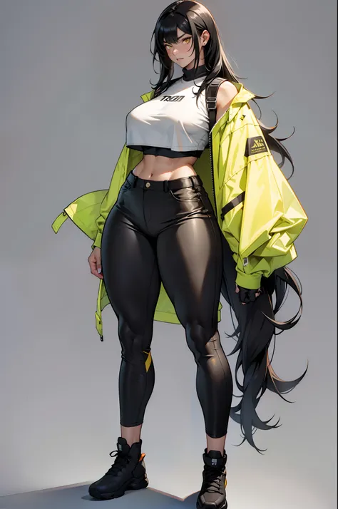 tight pants and crop top, 1 girl, solo, grey background, black hair, yellow eyes, extremely long hair, full body, standing, huge breasts, thick thighs, thin waist, ((extremely muscular))