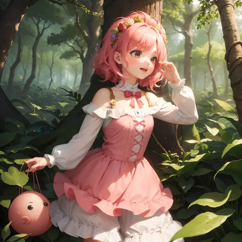 ((Pequena mulher)), (((cabelo rosa cacheado))), A charming, whimsical scene of a petite woman with vibrant, curly pink hair, dressed in a ((unique and eccentric outfit)), ((surrounded by whimsical creatures)), in a ((magical forest setting)), (((vivid and ...