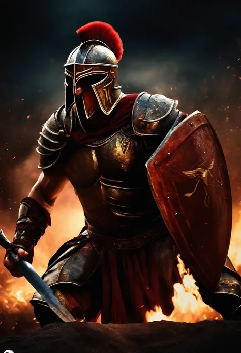 spartan warrior, fighting , bloody armor, epic, dark background