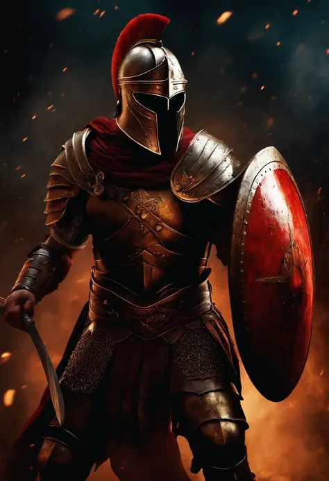 spartan warrior, fighting , bloody armor, epic, dark background