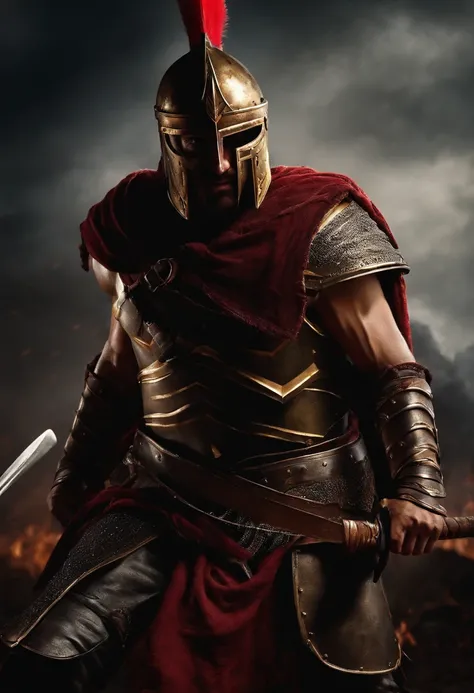 spartan warrior, fighting , bloody armor, epic, dark background