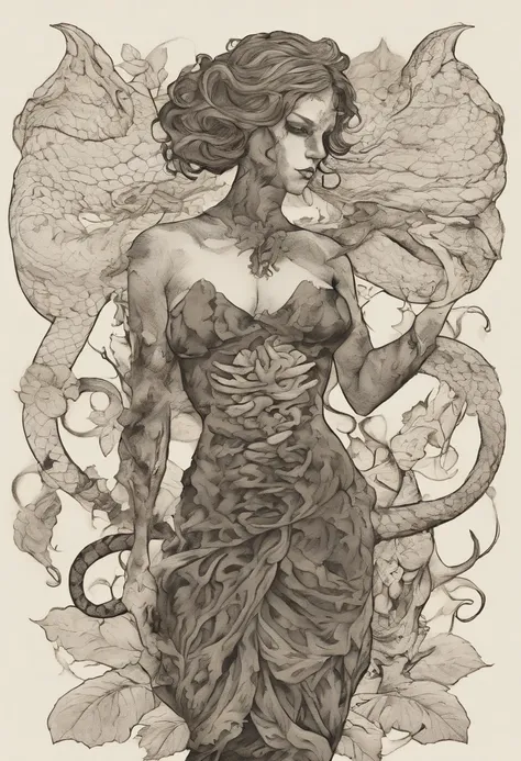 Medusa, comic panel, candid,((art style "Sean Gordon Murphy" comic drawing, splash panel)), snake skin dress, (background, pine barrens, entropy, rewilding, magic hour nautical twilight), body drawn in Frederic Delavier musculature anatomical illustration ...