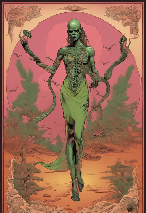 Medusa, comic panel, candid,((art style "Sean Gordon Murphy" comic drawing, splash panel)), snake skin dress, (background, pine barrens, entropy, rewilding, magic hour nautical twilight), body drawn in Frederic Delavier musculature anatomical illustration ...