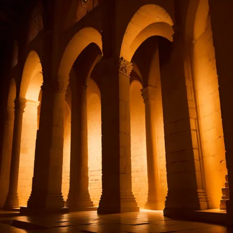 (extremadamente detallado, obra maestra, La mejor calidad, foto antigua, principios de siglo) esculturas religiosas dentre de una cueva iluminada por velas, lugar sucio, warm lights.