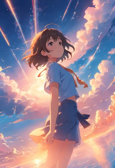 masterpiece, best quality, movie still, 1girl, cloud girl, floating in the sky, close-up, bright, happy, warm soft lighting, sunset, (sparks:0.7)