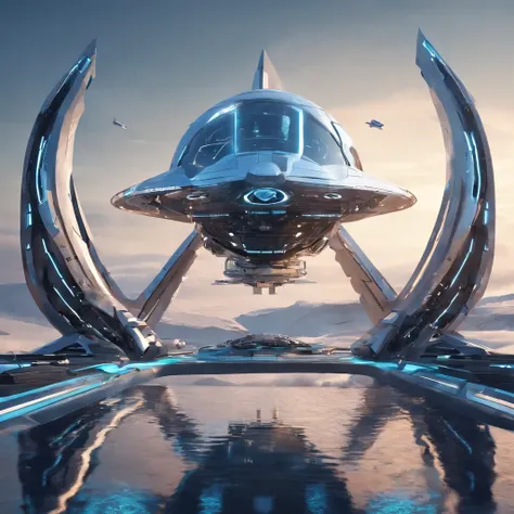 spacecraft with metal fish appearance, plastic. planos futurista fundo nave de guerra em forma futurista voando 4k