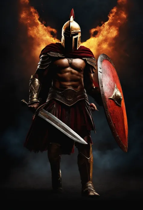 spartan warrior, fighting , bloody armor, epic, black background