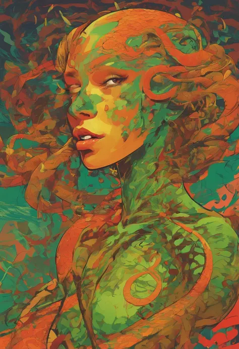 Medusa, comic panel, candid,((art style "Sean Gordon Murphy" comic drawing, splash panel)), snake skin dress, (background, pine barrens, entropy, rewilding, magic hour nautical twilight), body drawn in Frederic Delavier musculature anatomical illustration ...