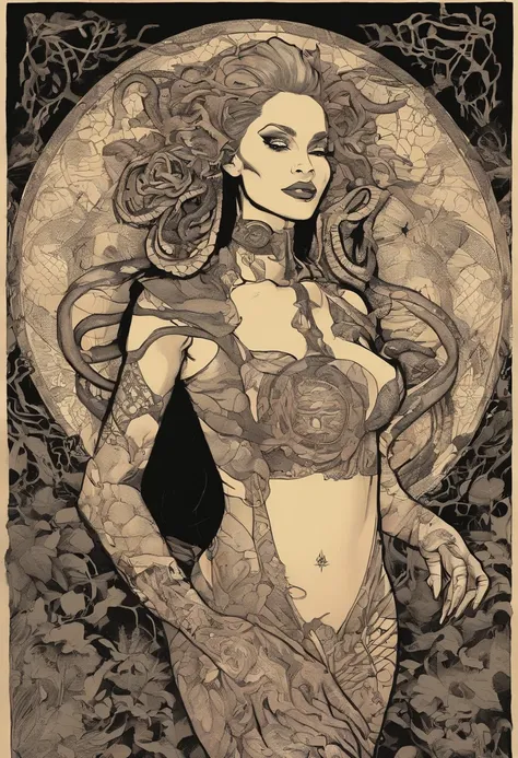 Medusa, comic panel, candid,((art style "Sean Gordon Murphy" comic drawing, splash panel)), snake skin dress, (background, pine barrens, entropy, rewilding, magic hour nautical twilight), body drawn in Frederic Delavier musculature anatomical illustration ...