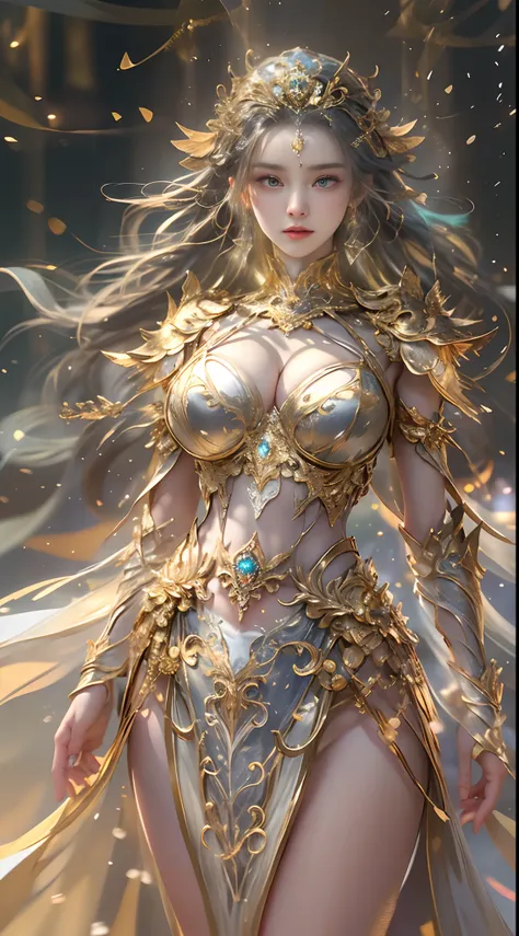 Woman in a golden transparent dress,view the viewer,(((Huge breasts, Large cleavage))),Slim waist,(navel baring,Bare waist), Long hair, Ultra-detailed details,High-end Zhenyi station, Rainstorm site, detailed fantasy art, Stunning character art, Beautiful ...