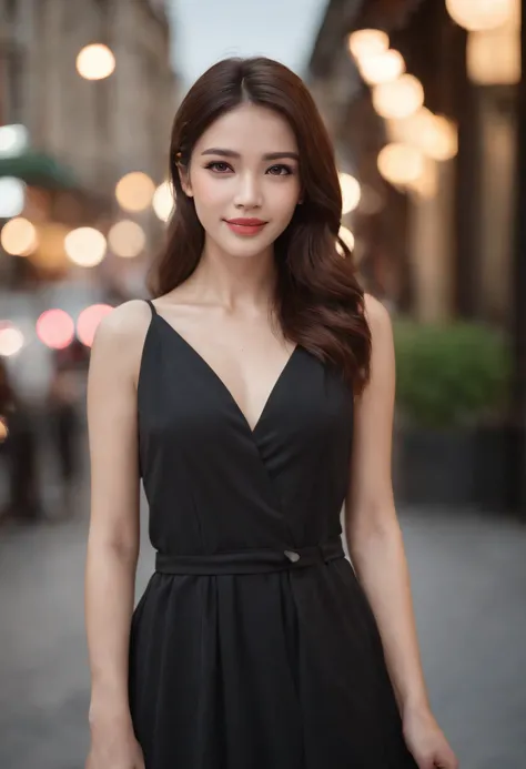 ((Best quality, 8k, Masterpiece :1.3)), 1girl, smiling, full body, slim face, Pretty woman, (Dark brown hair), full length dress :1.1, Ultra-detailed face, Detailed eyes, Double eyelid, blur background, slim face, city, outside, street,