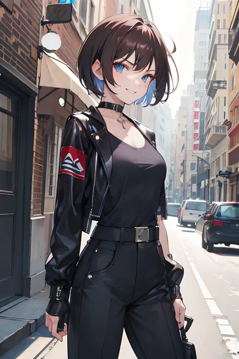 masterpiece,1girl,solo,short hair,brown hair,blue eyes,street,badass,mafia, badass smile