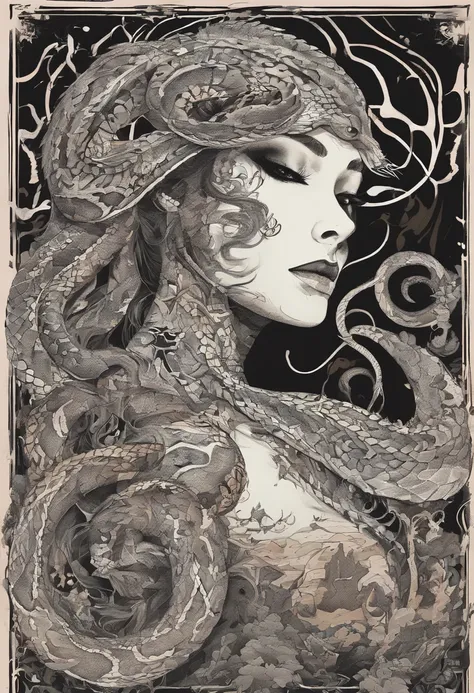 Medusa, comic panel, candid,((art style "Sean Gordon Murphy" comic drawing, splash panel)), snake skin dress, (background, pine barrens, entropy, rewilding, magic hour nautical twilight), body drawn in Frederic Delavier musculature anatomical illustration ...