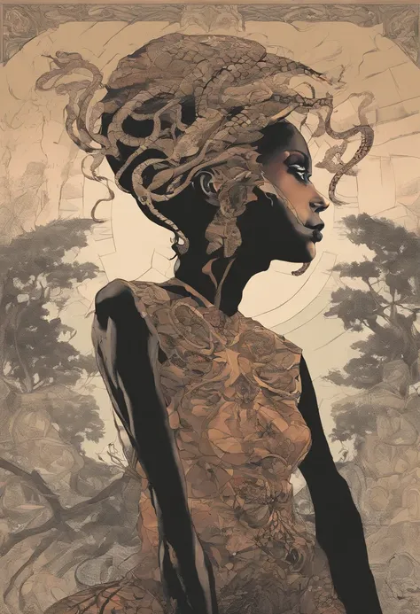 Medusa, comic panel, candid,((art style "Sean Gordon Murphy" comic drawing, splash panel)), snake skin dress, (background, pine barrens, entropy, rewilding, magic hour nautical twilight), body drawn in Frederic Delavier musculature anatomical illustration ...