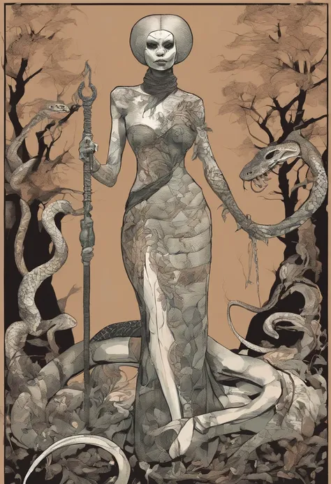 Medusa, comic panel, candid,((art style "Sean Gordon Murphy" comic drawing, splash panel)), snake skin dress, (background, pine barrens, entropy, rewilding, magic hour nautical twilight), body drawn in Frederic Delavier musculature anatomical illustration ...