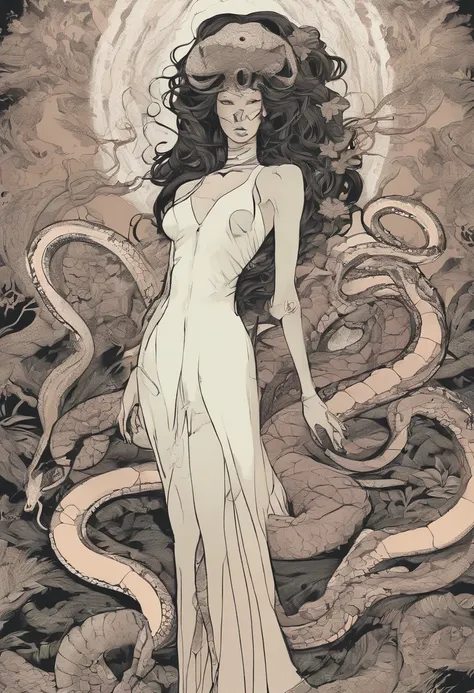 Medusa, comic panel, candid,((art style "Sean Gordon Murphy" comic drawing, splash panel)), snake skin dress, (background, pine barrens, entropy, rewilding, magic hour nautical twilight), body drawn in Frederic Delavier musculature anatomical illustration ...