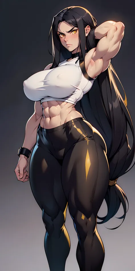 1 girl, extremely long hair, solo, ((muscular)), veins, black hair, yellow eyes, blushing, thick thighs, pale skin, strong, veins, abs, big thighs, huge breasts, navel, standing, angry, tight pants, tight shirt