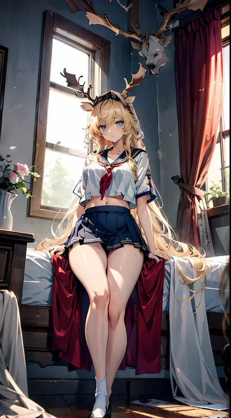 (((Masterpiece))),(incredibly_absurderes),(Best quality),(A high resolution),(Highly detailed),((CG unity 8k wallpaper))，(((super-fine))).Beautiful illustration、top-quality、Cute little girl s、Bedroom、Golden hair、long whitr hair、(((pleatedskirt)))、(((a sail...