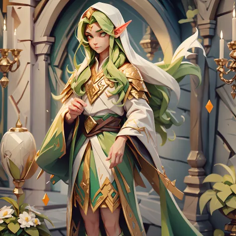 Half-Elf, wearing Scholar Robe, colors are primarily white with green and gold trim and orange, masterpiece, best quality