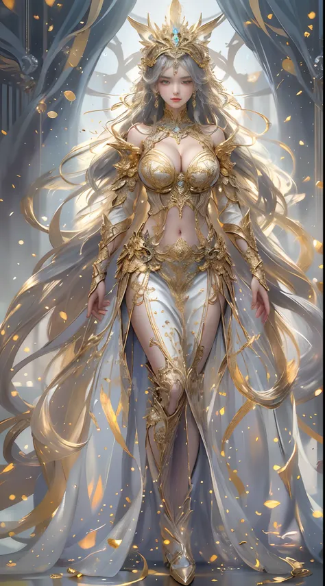 Woman in a golden transparent dress,view the viewer,(((Huge breasts, Large cleavage))),Slim waist,(navel baring,Bare waist), Long hair, Ultra-detailed details,High-end Zhenyi station, Rainstorm site, detailed fantasy art, Stunning character art, Beautiful ...