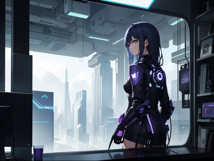 Through the window, she sees a futuristic, dystopian city created in shades of blue, violet and green. cybersecurity student girl. a girl programming