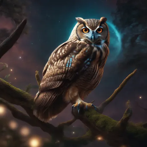 close shot  of a mythical owl with colorful feathers, galaxy eyes, shiny feathers, detailed feathers, detailed big eyes, the owl is landing on an alien tree branch , looking at viewers with the eyes of judgement, focus, alien landscape background .BREAK,De...