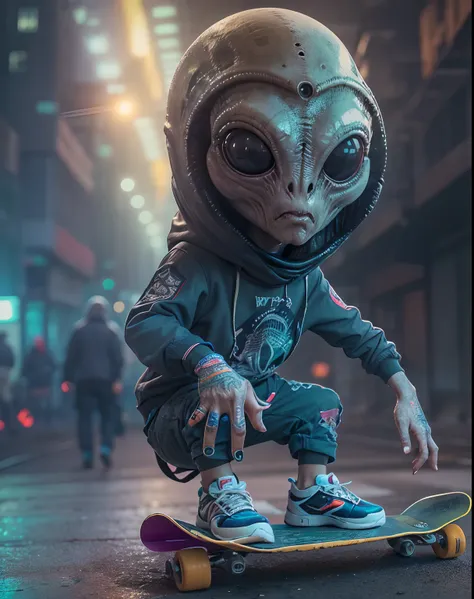 (an alien with a big head:1.1), wearing street wear, skateboarding, extraterrestrial, (best quality, 4k, highres, masterpiece:1....