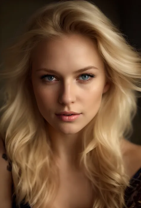 blonde woman with blue shirt sitting on bed looking at camera, soft portrait shot 8 k, photo of a beautiful woman, close up of a blonde woman, portrait soft low light, portrait of a beautiful model, beautiful blonde woman, mid-shot portrait of a beautiful,...