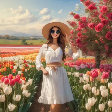 There is a beautiful Chinese woman standing in a field of tulips with a sun hat and wearing a white halter dress, longos cabelos castanhos ondulados, wearing sunglasses, alto e magro, Beautiful, sorriso sutil, Standing in the field of tulips, standing in a...