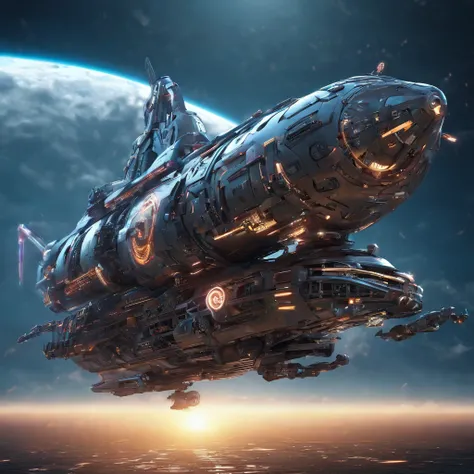 Spaceship with metal dolphin appearance, plastic, blindagem Liza. planos futurista fundo nave de guerra em forma futurista voando 4k