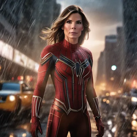 Sandra Bullock em traje marrom detalhado do Homem-Aranha, seios grandes, super hero pose, Standing in the city raining at sunset, hiperdetalhado, smoke billowing, Sparks, raios solares, (8k), realista, symmetr, Concedido, cinematographic lightning, Encharc...