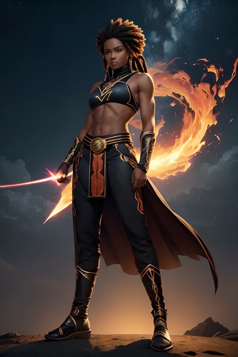 Create an image of a black ninja after an apocalypse in the future, afro cabelo caindo para frente, Rasta type but braided, corpo inteiro, wearing an Indian costume African ribulo full body, A realistic 4K phoenix with blue orange feathers, dourado, cosmic...