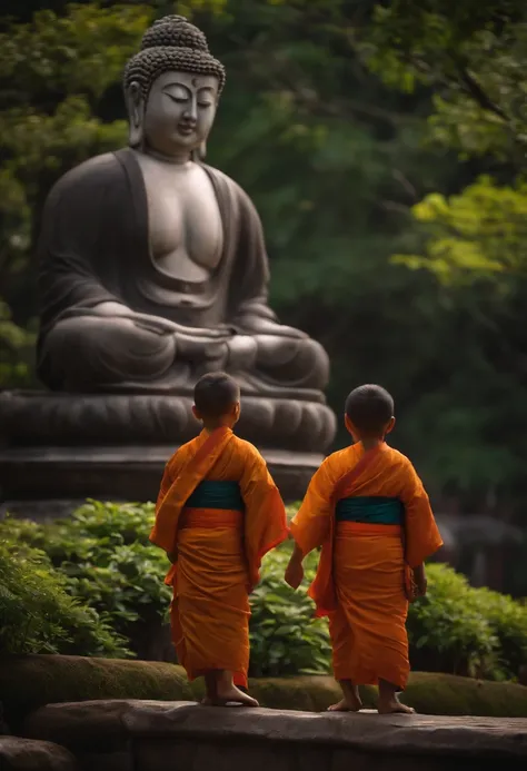 Dois meninos levando uma estatua do buda gordo japones.