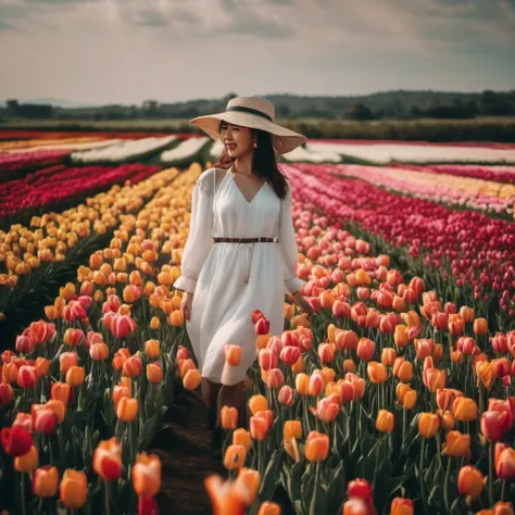 There is a beautiful Chinese woman standing in a field of tulips with a sun hat and wearing a white halter dress, longos cabelos castanhos ondulados, wearing sunglasses, alto e magro, Beautiful, sorriso sutil, Standing in the field of tulips, standing in a...