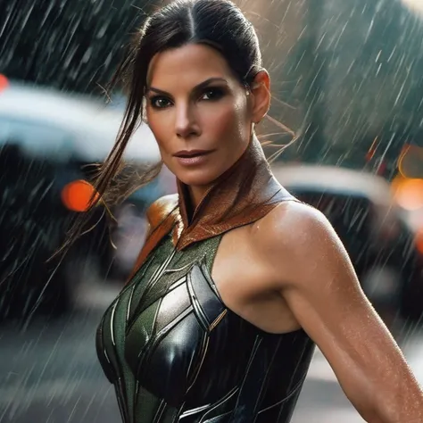 Sandra Bullock 25 anos, em traje marrom detalhado do Homem-Aranha, seios grandes, super hero pose, Standing in the city raining at sunset, hiperdetalhado, smoke billowing, Sparks, raios solares, (8k), realista, symmetr, Concedido, cinematographic lightning...